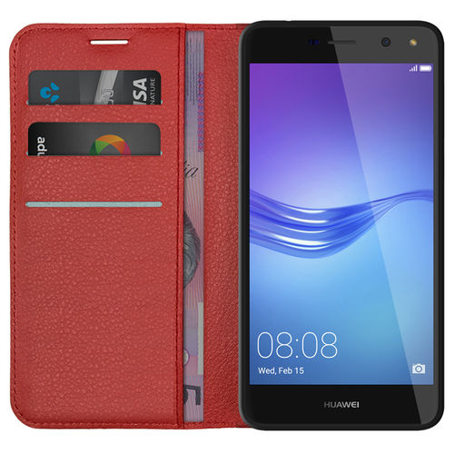 Leather Wallet Case & Card Holder Pouch for Huawei Y5 (2017) - Red